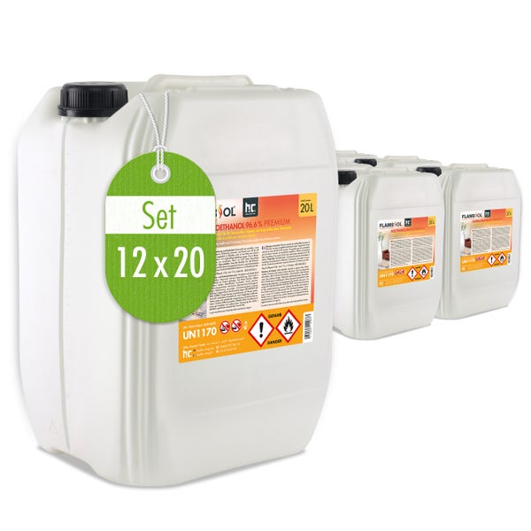 Set mit zwölf Kanistern mit je 20 Liter Bioethanol 96,6 Prozent Premium für Bio-Feuerstellen und Kamine
