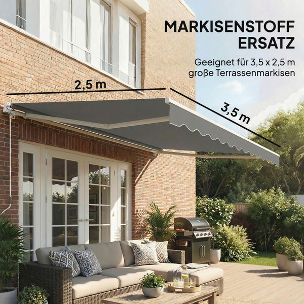 Grauer Markisenstoff Ersatz für Terrassenmarkisen, Maße 3,5 mal 2,5 Meter, montiert über einer Terrasse mit Lounge-Möbeln und Grill.