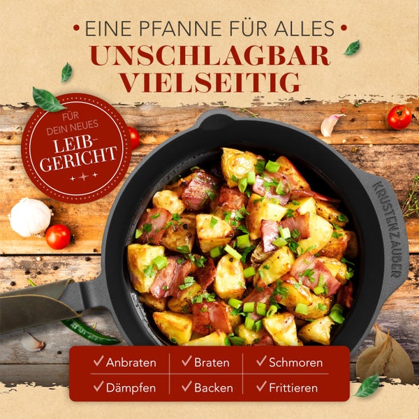 KRUSTENZAUBER 28cm Gusseisenpfanne Induktion - Fein Geschliffene Gusseisen Pfanne - Ideale Grillpfanne Induktion, Eisenpfanne, Cast Iron Pan, Bratpfanne, Gusseiserne Pfanne Skillet Gusspfanne