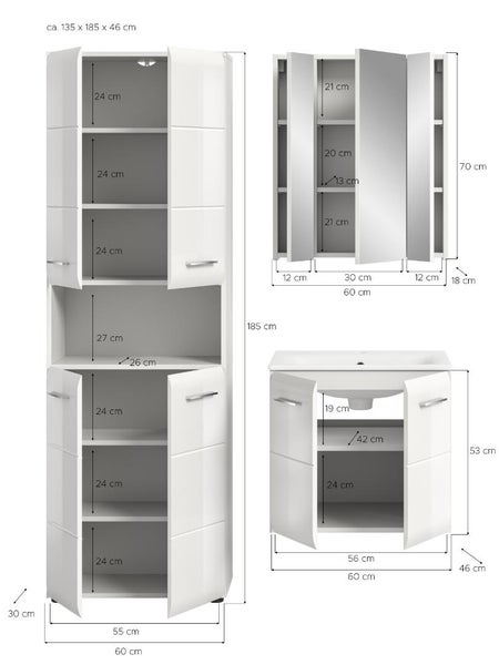 Weißes Badezimmermöbel-Set bestehend aus Hochschrank, Spiegelschrank und Waschbeckenunterschrank inklusive Maßangaben in Zentimetern.