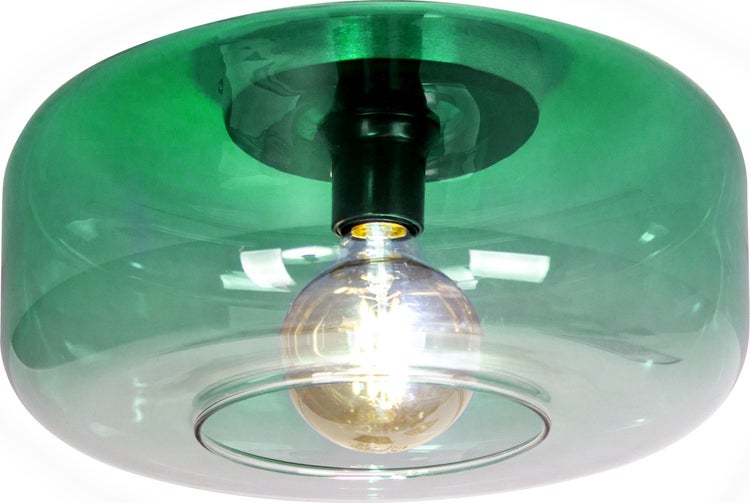 Deckenleuchte mit rundem grünem Glasschirm und sichtbarem Leuchtmittel.