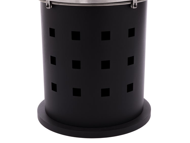 Detailansicht eines schwarzen Abfallbehälters mit quadratischen Öffnungen.