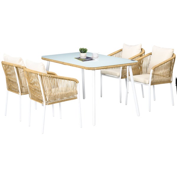 Outsunny 5tlg. Polyrattan Gartenmöbel Set, Esstisch mit 4 Stapelstühlen, mit Tischplatte aus Hartglas, 140L x 80B x 74H cm, PE-Rattan, Aluminium, Gelb