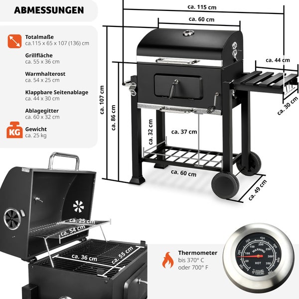 Holzkohlegrill tectake Florian 115 x 65 x 107 cm mit 2 Rädern schwarz