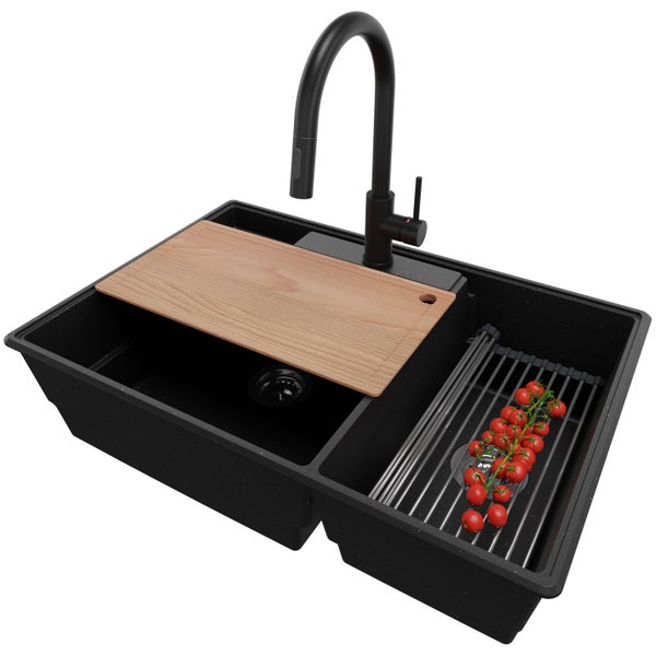 PRIMAGRAN Granitspüle Schwarz Metallic 78x53cm, Spülbecken 2 Becken + Küchenarmatur 40x20cm + Ablauf-Set + Küchenzubehörset, Küchenspüle ab 80er Unterschrank - Paris