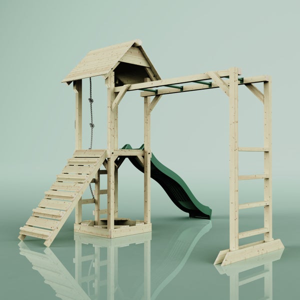 Holz-Spielturm mit Rutsche, Kletterleiter, Kletterseil und Sandkasten