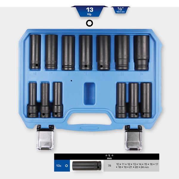 BRILLIANT TOOLS 1/2 Kraft-Stecknuss-Satz Sechskant 13tlg. lang 10 - 24 mm  - BT022625