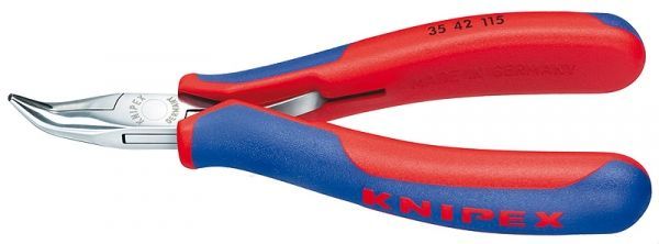 Knipex Elektronik-Greifzange mit 45 Grad abgewinkelten, halbrunden Backen und Mehrkomponenten-Hüllen.