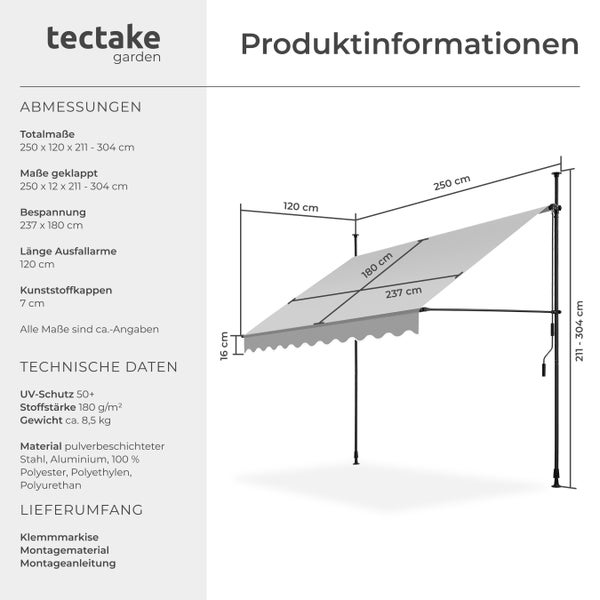 Klemmmarkise tectake  einfache Montage mit Handkurbel hellgrau