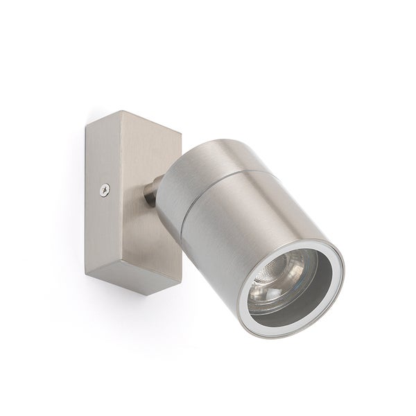 Wandstrahler aus gebürstetem Metall mit verstellbarem zylindrischem Kopf.