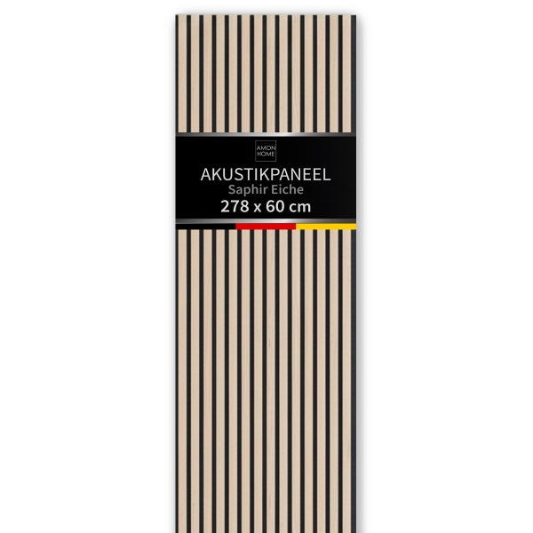 Amon Home Akustikpaneel in Saphir Eiche Optik, 278 mal 60 Zentimeter, zur Wandverkleidung.