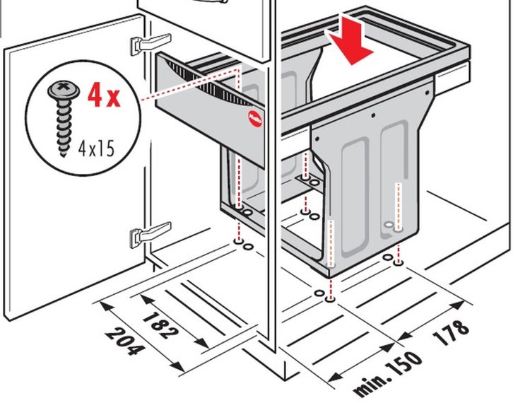 Installationszeichnung für ein Unterschrank-Abfalltrennsystem mit Schrauben
