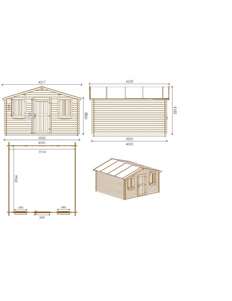 Maßzeichnung für ein Gartenhaus mit Satteldach, einer Einzeltür und zwei Fenstern mit Maßangaben in Millimetern.