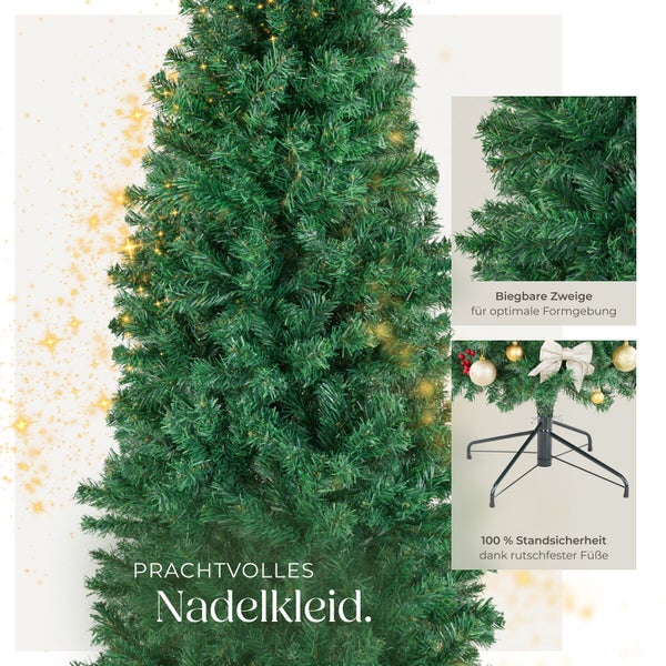 Künstlicher Weihnachtsbaum mit biegsamen Zweigen und stabilem Metallständer für hohe Standsicherheit.