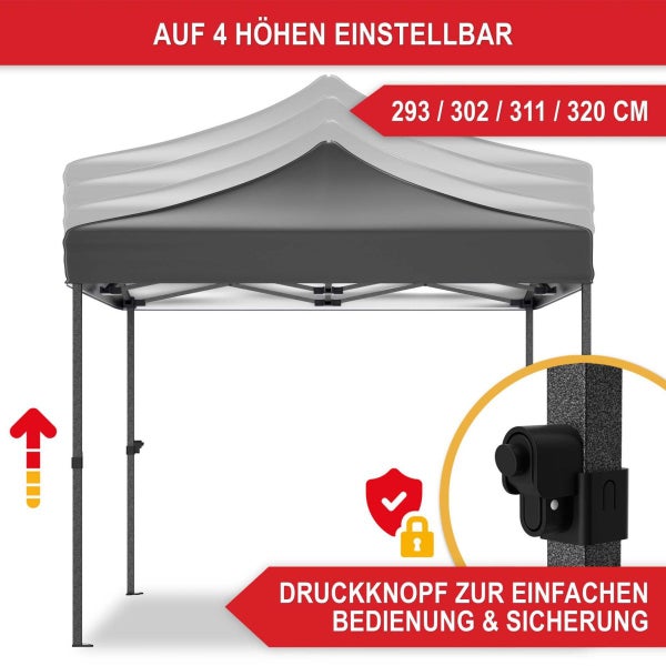 Faltpavillon in vier Höhen einstellbar von 293 bis 320 Zentimeter mit Druckknopf zur einfachen Bedienung und Sicherung.