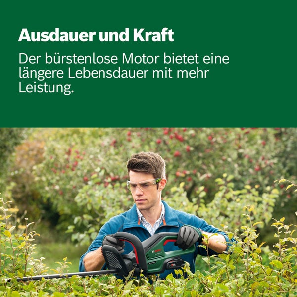 Ein Mann schneidet eine Hecke mit einer Bosch Akku-Heckenschere mit bürstenlosem Motor für mehr Leistung und Ausdauer in einem Garten.