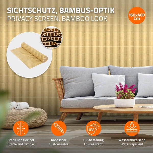 ECD Germany PVC Sichtschutzmatte 160x400 cm, Bambus, Sichtschutzzaun 3-Gewicht-Verstärkung, UV-beständig, Wasserdicht, Windschutz Balkonverkleidung Zaunblende Sichtschutz für Garten Balkon Terrasse
