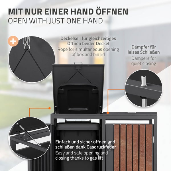 Mülltonnenbox mit Gasdruckfeder, Deckelseil für gleichzeitiges Öffnen von Box und Mülltonne sowie Dämpfern für leises Schließen.
