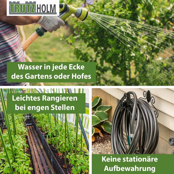 Trutzholm Logo mit Darstellungen zur Gartenbewässerung, flexiblen Handhabung im Gewächshaus und platzsparender Schlauchaufbewahrung an der Wand.