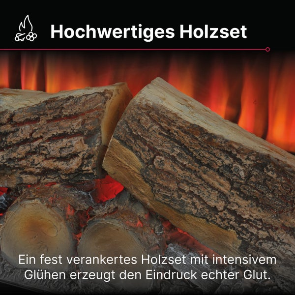Hochwertiges Holzset für Elektrokamine mit realistischem Glüheffekt und detaillierter Rindenstruktur.