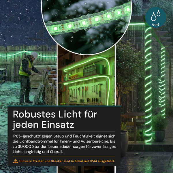 Grünes LED Lichtband für innen und außen: Anwendung auf Baustelle, in Werkstatt und Garten bei Regen und Schnee. Schutzart IP65.