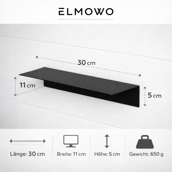 Wandregal aus Metall zur Wandmontage mit Maßangaben von 30 cm Länge 11 cm Breite und 5 cm Höhe sowie 650 Gramm Gewicht von Elmowo