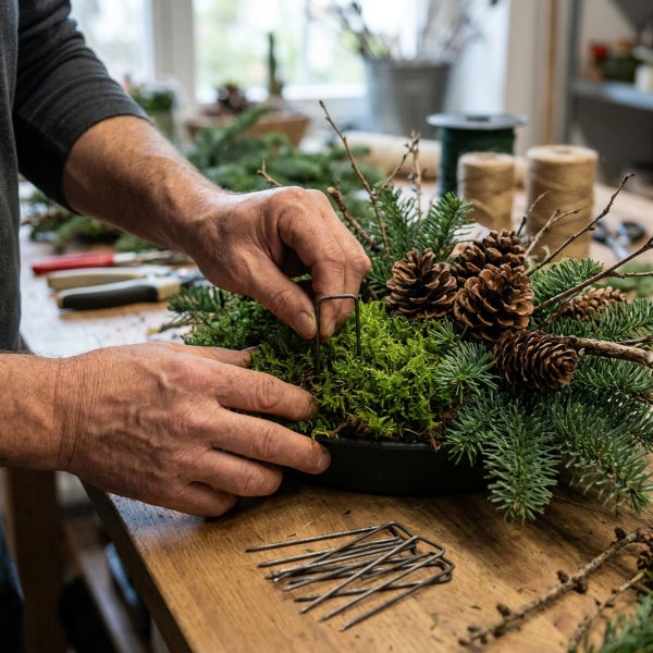 Person befestigt Moos mit Drahtklammern in einem Adventsgesteck aus Tanne und Tannenzapfen auf einem Holztisch in einer Werkstatt.
