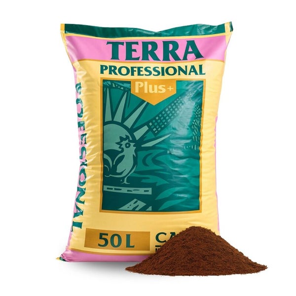 50 Liter Sack Canna Terra Professional Plus Blumenerde mit einer Probe des Substrats davor.