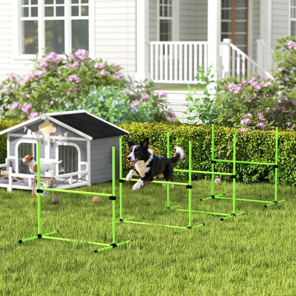 Hund springt über eine Hürde eines neongrünen Agility-Sets im hellen, gepflegten Garten neben einer Hundehütte.