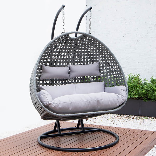 Home Deluxe - Hängesessel TWIN - Grau, Höhe 195 cm - inkl. Gestell, Sitz- und Rückenkissen I Polyrattan Hängestuhl Gartenschaukel Hängekorb
