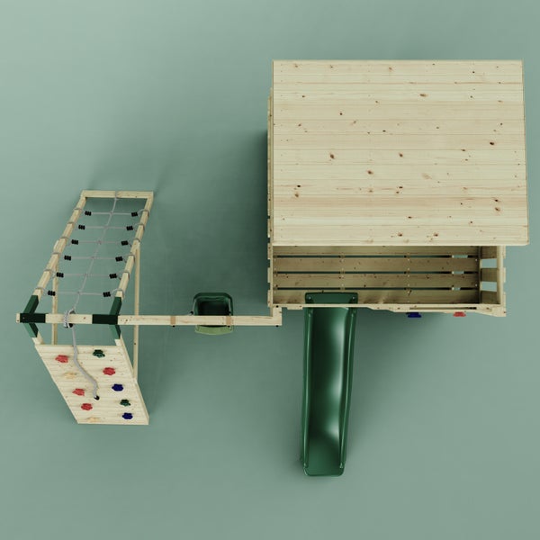 Spielturm aus Holz mit Rutsche, Klettergerüst und Schaukel in der Draufsicht.