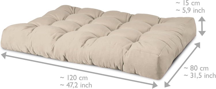Gepolsterte Palettenauflage für Gartenmöbel mit Maßen von 120 mal 80 mal 15 Zentimetern.