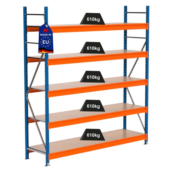 Lagerregal mit fünf Ebenen und einer Traglast von 610 Kilogramm pro Ebene. Hergestellt in der EU.