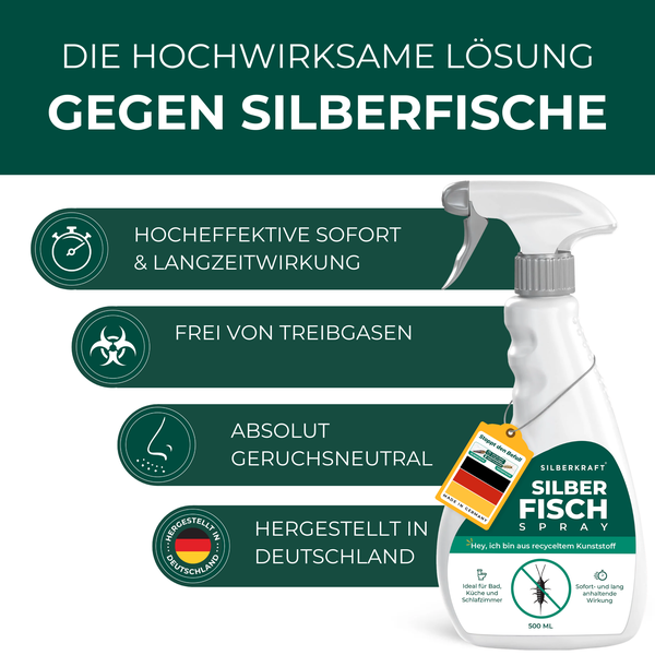 Silberkraft Anti-Silberfischspray 500 ml inkl. E-Book – Effektive Sofort- und Langzeitwirkung gegen Silberfische & Papierfische, gezielte Anwendung in Ritzen & Laufwegen, Made in Germany