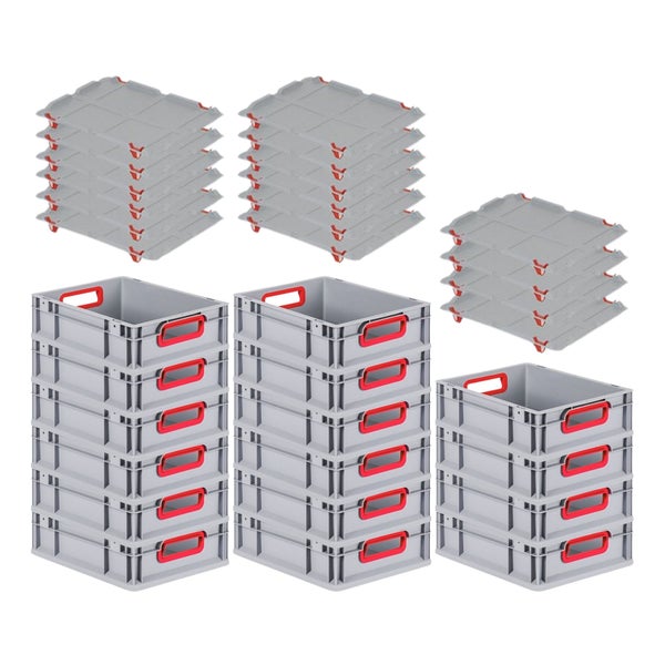 PROREGAL Spar Set 16x Eurobox Nextgen Color Mit Auflagedeckel & Schiebeschnappverschlüsse HxBxT 12 x 30 x 40 cm Griffe Rot Offen Glatter Boden