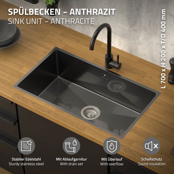 ML-Design XXL Spülbecken Edelstahl 70x40 cm Anthrazit, Küchenspüle eckig, 1 Becken Einbauspüle Unterbauspüle Edelstahlspüle mit Ab- und Überlaufgarnitur Einzelbecken mit Siphon Waschbecken Küche Spüle