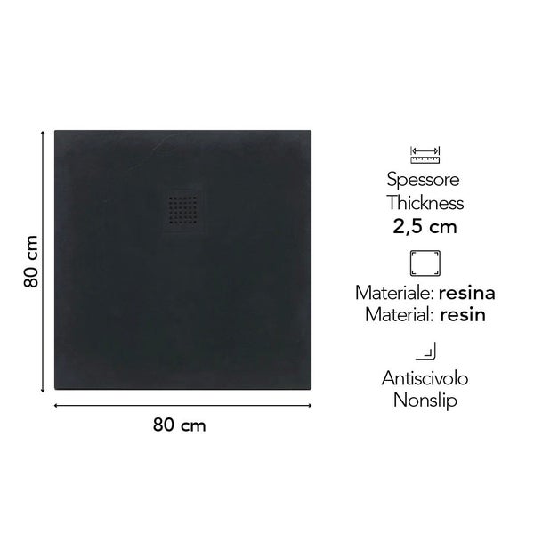 Quadratische schwarze Duschwanne aus Resin, 80 mal 80 Zentimeter, Stärke 2,5 Zentimeter, rutschfest.