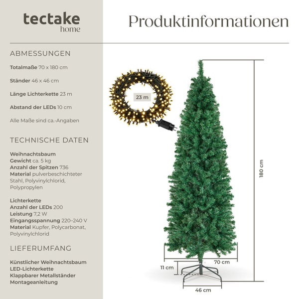 Produktinformationen zu künstlichem Weihnachtsbaum mit LED-Lichterkette und den Maßen 70 x 180 cm.