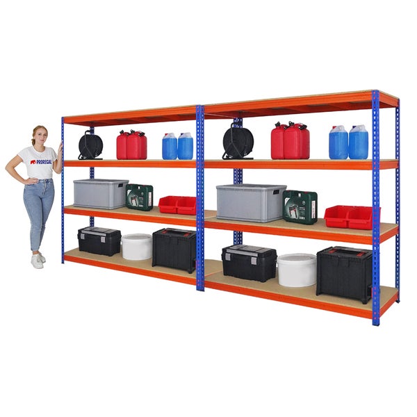 PROREGAL Mega Deal 2x Profi Schwerlastregal Bison HxBxT 200 x 200 x 60 cm 4 Fachböden Fachlast 600 kg Blau-Orange