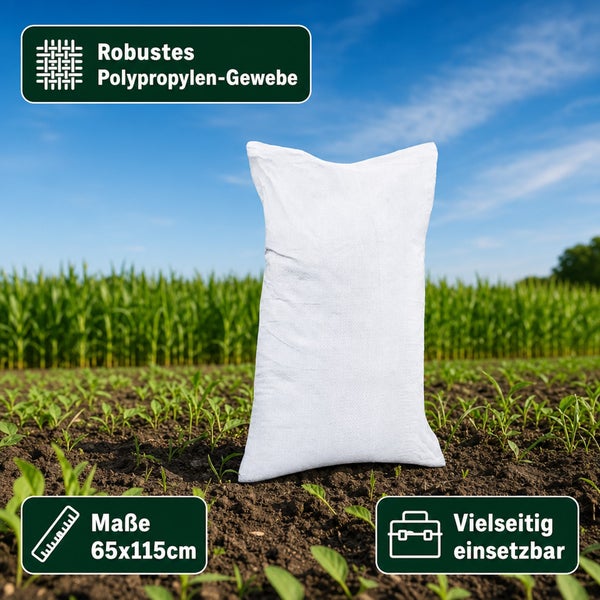 Robuster Gewebesack aus Polypropylen mit den Maßen 65 mal 115 Zentimeter für vielseitige Einsätze in Haus und Garten.