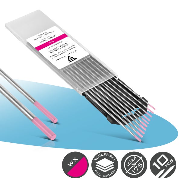 Stahlwerk Wolfram-Elektroden WX Pink, 5 Stück 1,6 mal 175 Millimeter und 5 Stück 2,4 mal 175 Millimeter für Wolfram-Inertgasschweißen.