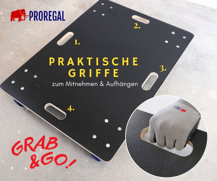 Proregal Transportroller mit vier Griffen zum Mitnehmen und Aufhängen. Proregal Logo. Hand in der Griffmulde.