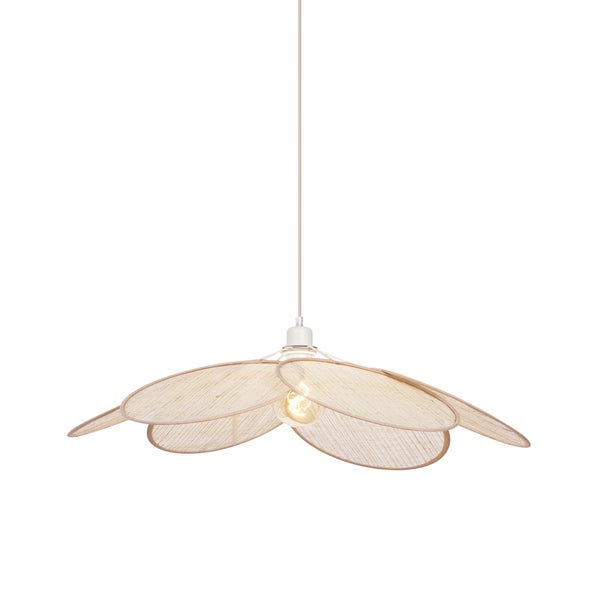 Pendelleuchte in Blütenform mit Schirmelementen aus feinem Geflecht und einer sichtbaren Lichtquelle.