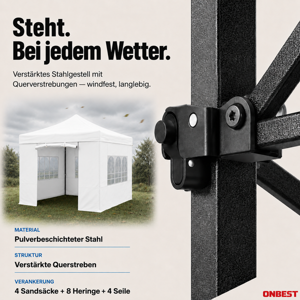 Faltpavillon mit verstärktem, pulverbeschichtetem Stahlgestell und Querstreben inklusive Zubehör für die Verankerung.
