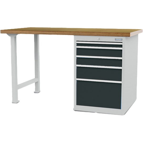 Werkbank mit massiver Holzplatte, weißem Metallgestell und grauem Schubladenschrank mit fünf Schubladen.