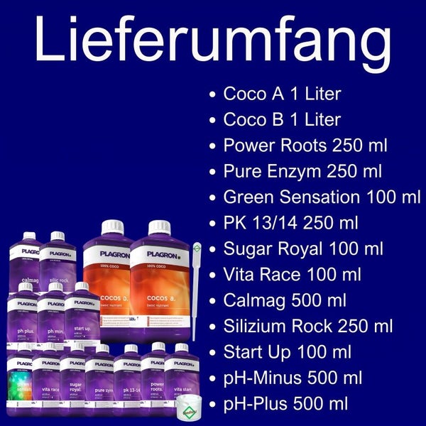 Plagron Dünger Starterset mit Coco A, Coco B, Power Roots, Pure Enzym, Green Sensation, PK 13/14, Sugar Royal, Vita Race, Calmag, Silizium Rock, Start Up, pH-Minus und pH-Plus