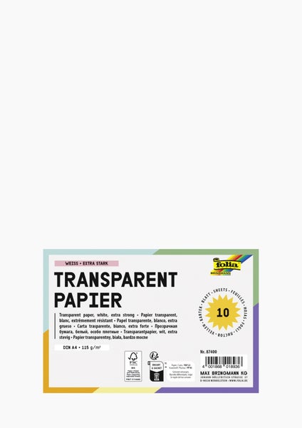 Folia Transparentpapier extra stark, DIN A4, einhundertfünfzehn Gramm pro Quadratmeter, zehn Blatt