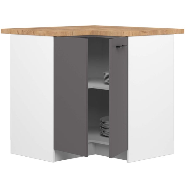 Eckunterschrank mit offener grauer Tür und hellbrauner Arbeitsplatte