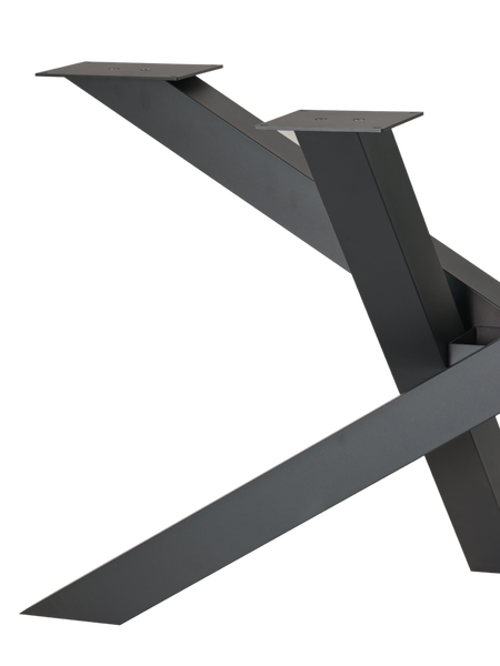 Modernes Tischgestell aus Metall in X-Form mit Montageplatten.