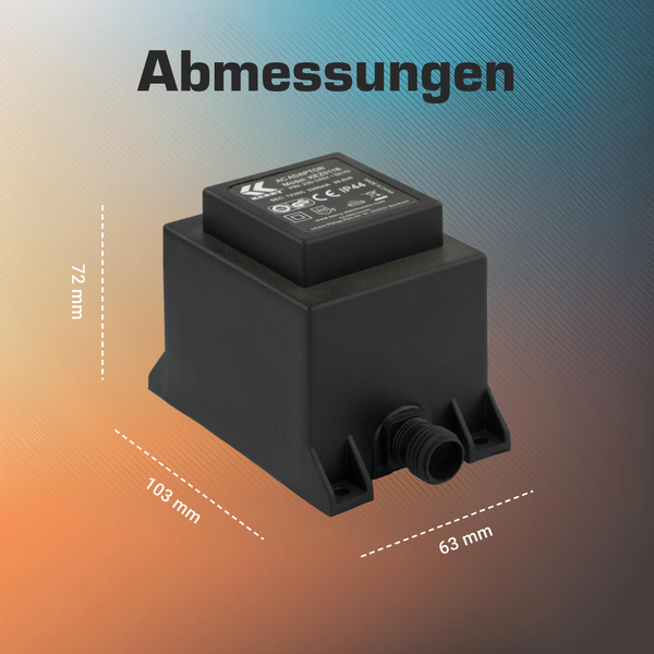 Abmessungen des schwarzen Wechselstrom-Adapters: Länge 103 Millimeter, Breite 63 Millimeter, Höhe 72 Millimeter. Schutzart IP44.